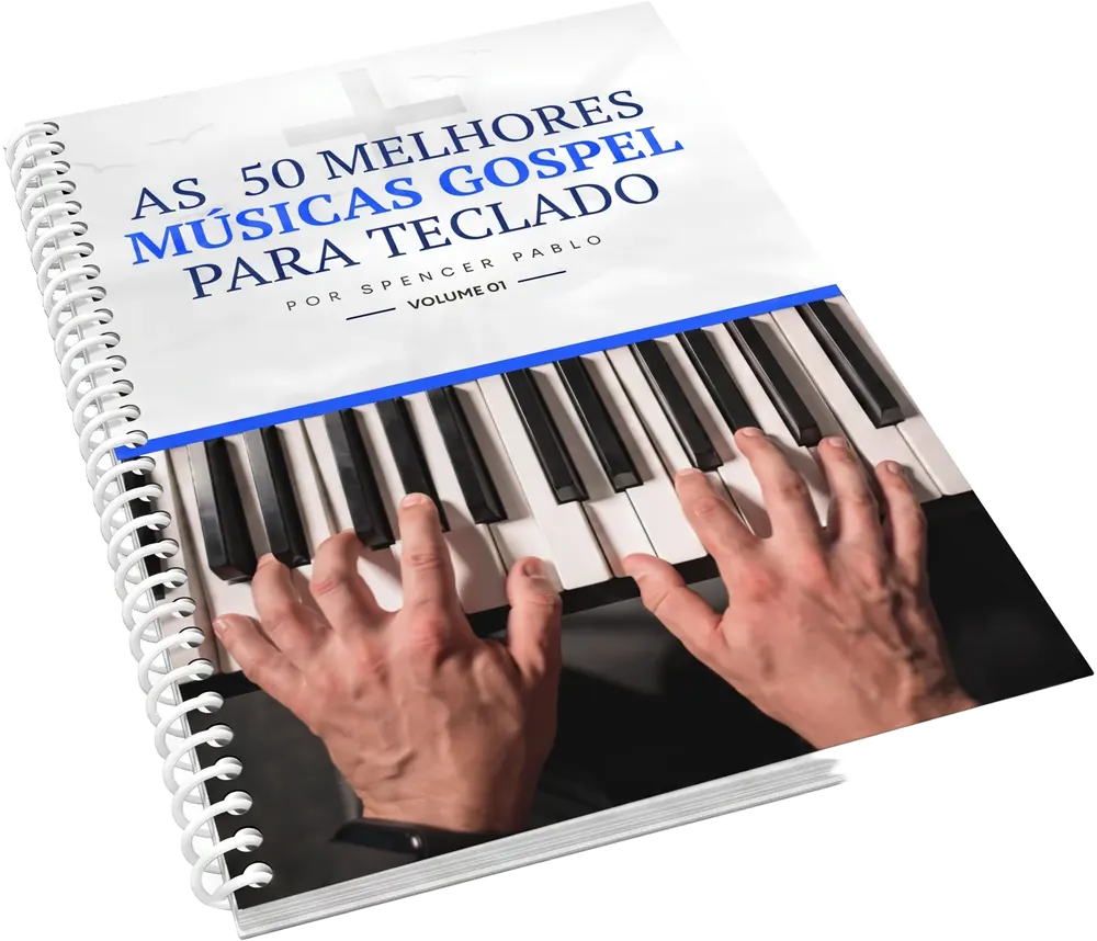 Mockup da apostila física 50 Melhores Músicas Gospel Cifradas para Teclado, encadernação em espiral