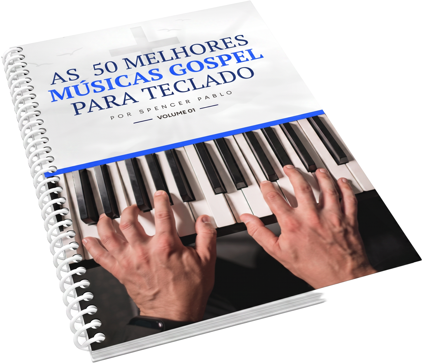 Mockup da apostila física 50 Melhores Músicas Gospel Cifradas para Teclado, encadernação em espiral